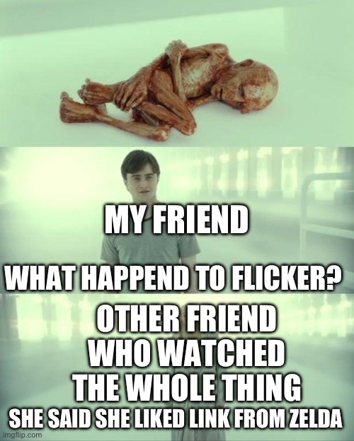I swear to god if one of my friend says it out loud- | MY FRIEND; WHAT HAPPEND TO FLICKER? OTHER FRIEND WHO WATCHED THE WHOLE THING; SHE SAID SHE LIKED LINK FROM ZELDA | image tagged in dead baby voldemort / what happened to him,zelda,friends | made w/ Imgflip meme maker