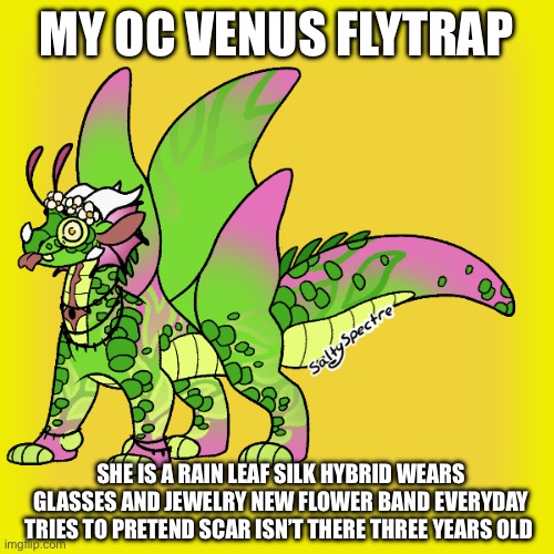 My oc | MY OC VENUS FLYTRAP; SHE IS A RAIN LEAF SILK HYBRID WEARS GLASSES AND JEWELRY NEW FLOWER BAND EVERYDAY TRIES TO PRETEND SCAR ISN’T THERE THREE YEARS OLD | made w/ Imgflip meme maker