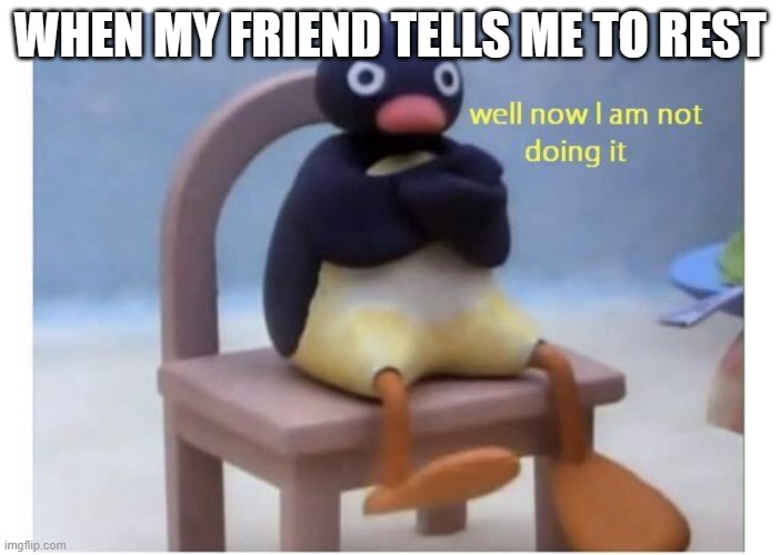 well now I am not doing it | WHEN MY FRIEND TELLS ME TO REST | image tagged in well now i am not doing it,sleep,defiance | made w/ Imgflip meme maker