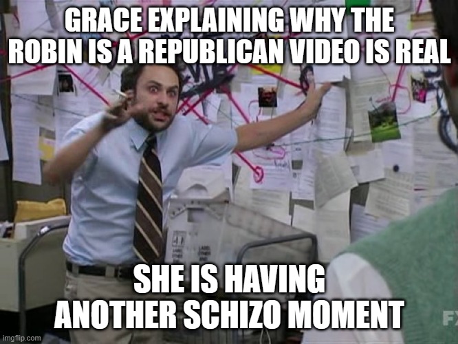 this is grace | GRACE EXPLAINING WHY THE ROBIN IS A REPUBLICAN VIDEO IS REAL; SHE IS HAVING ANOTHER SCHIZO MOMENT | image tagged in charlie conspiracy always sunny in philidelphia,republican,schizophrenia,schizo | made w/ Imgflip meme maker