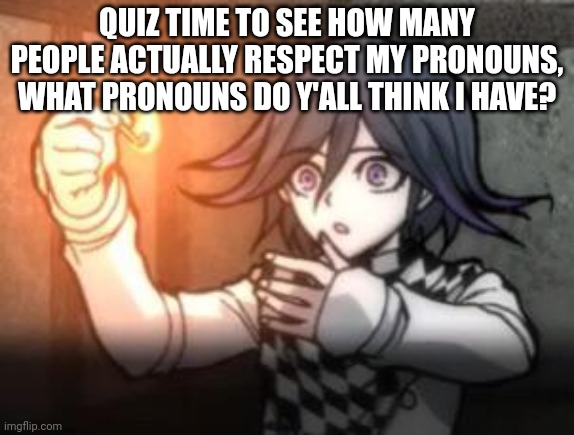 Also, I removed the pronouns from my bio and I'm getting rid on any pronoun posts I've made. Be honest. (Nvm added them back) | QUIZ TIME TO SEE HOW MANY PEOPLE ACTUALLY RESPECT MY PRONOUNS, WHAT PRONOUNS DO Y'ALL THINK I HAVE? | made w/ Imgflip meme maker