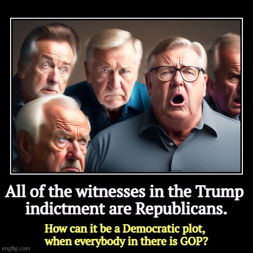 All of the witnesses in the Trump 
indictment are Republicans. | How can it be a Democratic plot, 
when everybody in there is GOP? | image tagged in funny,demotivationals,trump,witnesses,republicans,conspiracy | made w/ Imgflip demotivational maker
