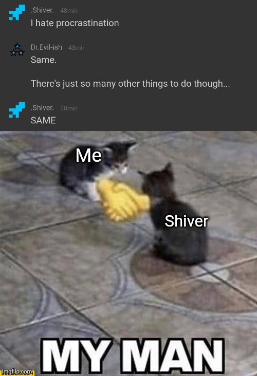 Me: serious lore post implying a possible return of EC. Also me: random relatable moments in memechat. I love this site. | Me; Shiver | image tagged in cats shaking hands | made w/ Imgflip meme maker