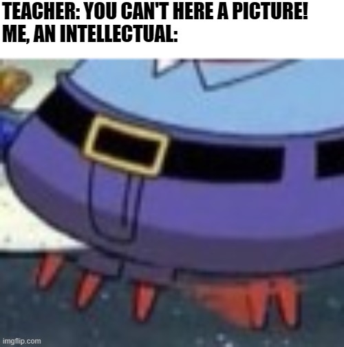 *We all heard him | TEACHER: YOU CAN'T HERE A PICTURE!
ME, AN INTELLECTUAL: | image tagged in memes,funny,sounds,mr krabs | made w/ Imgflip meme maker