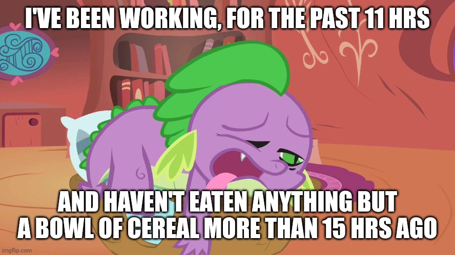 Uuuggghhhh | I'VE BEEN WORKING, FOR THE PAST 11 HRS; AND HAVEN'T EATEN ANYTHING BUT A BOWL OF CEREAL MORE THAN 15 HRS AGO | image tagged in exhausted spike | made w/ Imgflip meme maker