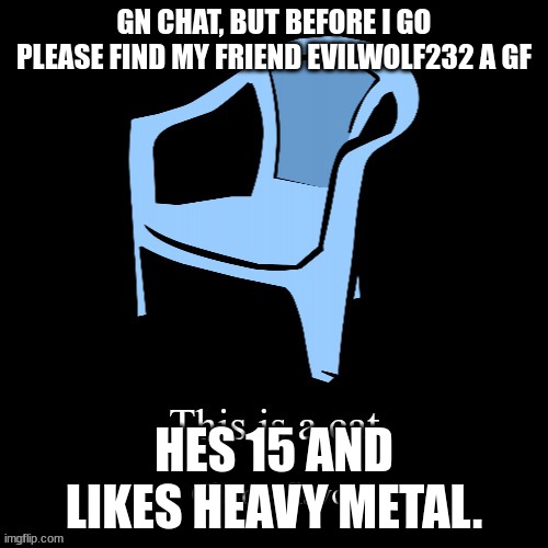This is a cat | GN CHAT, BUT BEFORE I GO PLEASE FIND MY FRIEND EVILWOLF232 A GF; HES 15 AND LIKES HEAVY METAL. | image tagged in this is a cat | made w/ Imgflip meme maker
