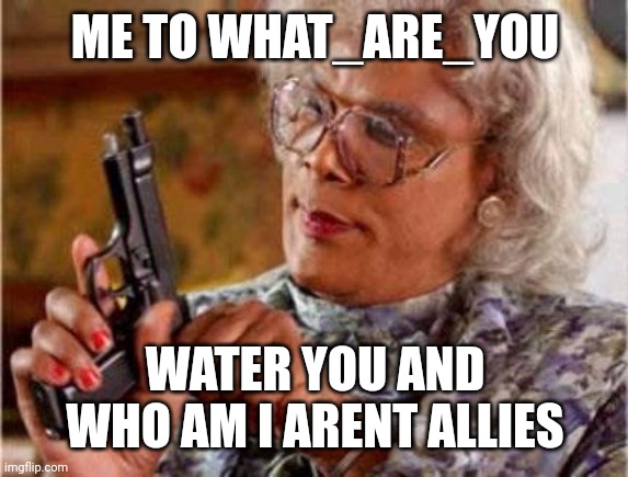 Madea | ME TO WHAT_ARE_YOU WATER YOU AND WHO AM I ARENT ALLIES | image tagged in madea | made w/ Imgflip meme maker