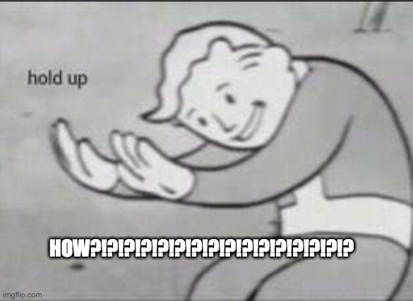 Fallout Hold Up | HOW?!?!?!?!?!?!?!?!?!?!?!?!?!?!?!? | image tagged in fallout hold up | made w/ Imgflip meme maker