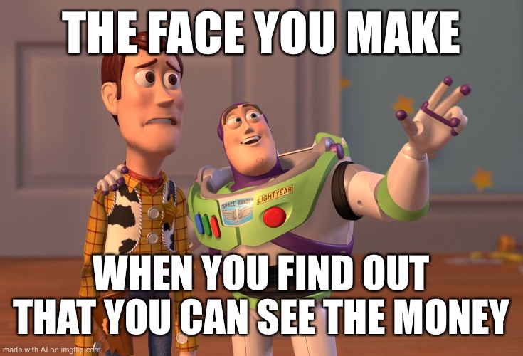 X, X Everywhere | THE FACE YOU MAKE; WHEN YOU FIND OUT THAT YOU CAN SEE THE MONEY | image tagged in memes,x x everywhere | made w/ Imgflip meme maker