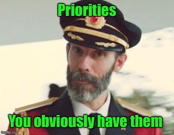 Captain Obvious | Priorities You obviously have them | image tagged in captain obvious | made w/ Imgflip meme maker