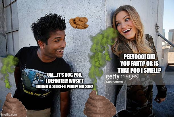 Busted | PEEYOOO! DID YOU FART? OR IS THAT POO I SMELL? UM....IT'S DOG POO. I DEFINITELY WASN'T DOING A STREET POOP! NO SIR! | image tagged in poo,poop,stinky,foul,fart,farts | made w/ Imgflip meme maker