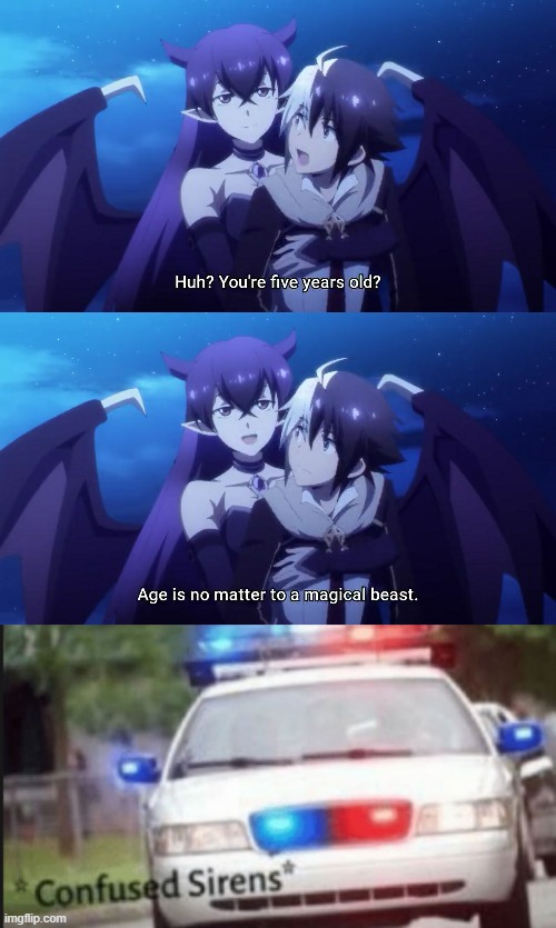 Does it count if she's a split personality of a teen girl? | image tagged in confused sirens,anime,manga,light novel,memes | made w/ Imgflip meme maker