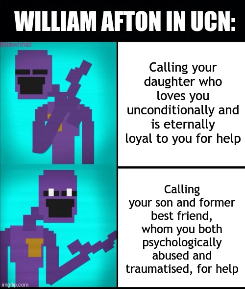 "MIIIIIIIKE HELP" - the man behind the slaughter | WILLIAM AFTON IN UCN:; Calling your daughter who loves you unconditionally and is eternally loyal to you for help; Calling your son and former best friend, whom you both psychologically abused and traumatised, for help | image tagged in black background,drake hotline bling meme fnaf edition,fnaf,william afton,ultimate custom night,memes | made w/ Imgflip meme maker