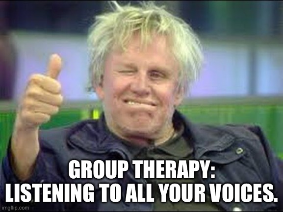 Therapy | GROUP THERAPY: LISTENING TO ALL YOUR VOICES. | image tagged in gary busey approves | made w/ Imgflip meme maker
