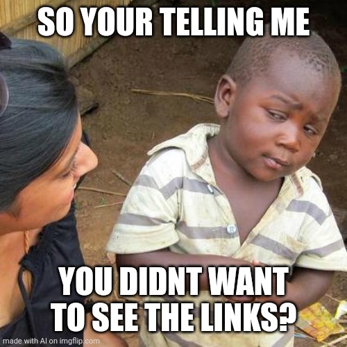 Wanna know the secret to success in this stream? Only pick the best ones. | SO YOUR TELLING ME; YOU DIDNT WANT TO SEE THE LINKS? | image tagged in memes,third world skeptical kid | made w/ Imgflip meme maker