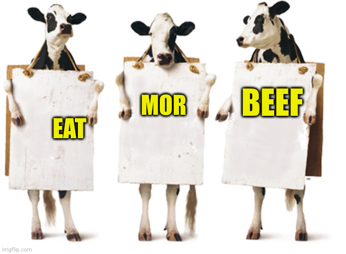 Chick-fil-A 3-cow billboard | EAT MOR BEEF | image tagged in chick-fil-a 3-cow billboard | made w/ Imgflip meme maker