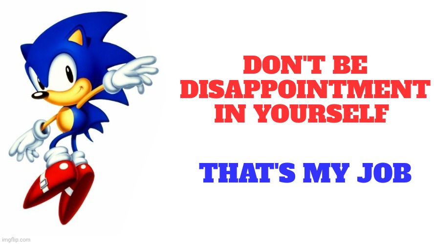 Classic sonic says | DON'T BE DISAPPOINTMENT IN YOURSELF; THAT'S MY JOB | image tagged in classic sonic says,sonic says | made w/ Imgflip meme maker