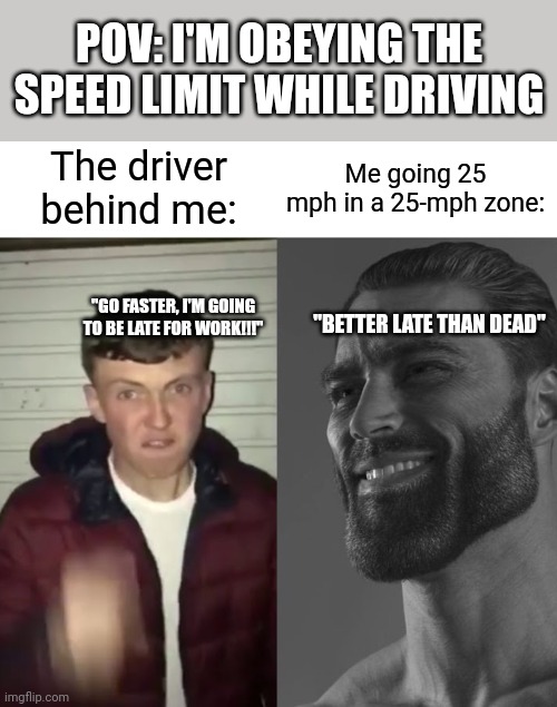 "Better late than dead" | POV: I'M OBEYING THE SPEED LIMIT WHILE DRIVING; Me going 25 mph in a 25-mph zone:; The driver behind me:; "GO FASTER, I'M GOING TO BE LATE FOR WORK!!!"; "BETTER LATE THAN DEAD" | image tagged in average fan vs average enjoyer | made w/ Imgflip meme maker