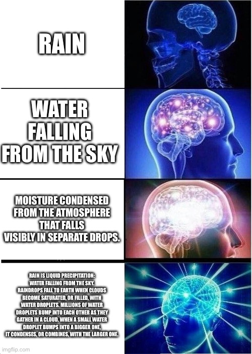 Expanding Brain | RAIN; WATER FALLING FROM THE SKY; MOISTURE CONDENSED FROM THE ATMOSPHERE THAT FALLS VISIBLY IN SEPARATE DROPS. RAIN IS LIQUID PRECIPITATION: WATER FALLING FROM THE SKY. RAINDROPS FALL TO EARTH WHEN CLOUDS BECOME SATURATED, OR FILLED, WITH WATER DROPLETS. MILLIONS OF WATER DROPLETS BUMP INTO EACH OTHER AS THEY GATHER IN A CLOUD. WHEN A SMALL WATER DROPLET BUMPS INTO A BIGGER ONE, IT CONDENSES, OR COMBINES, WITH THE LARGER ONE. | image tagged in memes,expanding brain | made w/ Imgflip meme maker