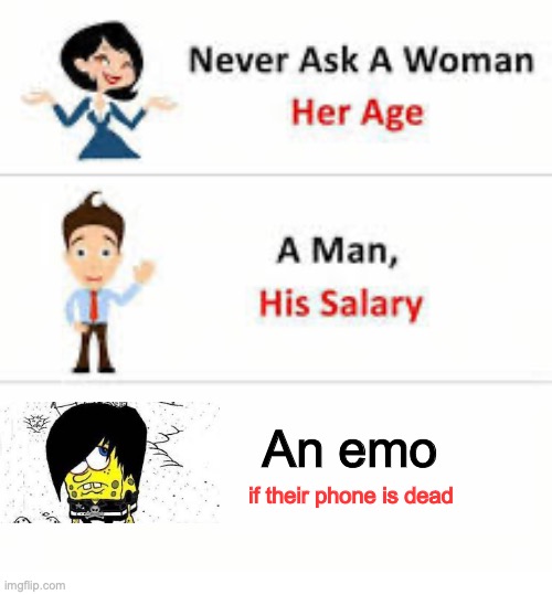 *A very creative title for the image below* | An emo; if their phone is dead | image tagged in never ask a woman her age | made w/ Imgflip meme maker