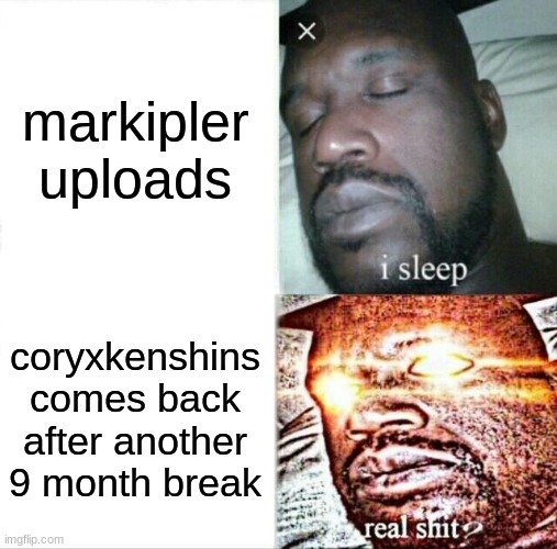 Sleeping Shaq Meme | markipler uploads; coryxkenshins comes back after another 9 month break | image tagged in memes,sleeping shaq | made w/ Imgflip meme maker