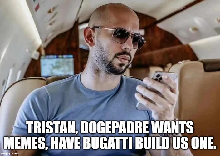 Tate Brothers | TRISTAN, DOGEPADRE WANTS
MEMES, HAVE BUGATTI BUILD US ONE. | image tagged in tate brothers,andrew tate,tristan,romania,bugatti,top g | made w/ Imgflip meme maker