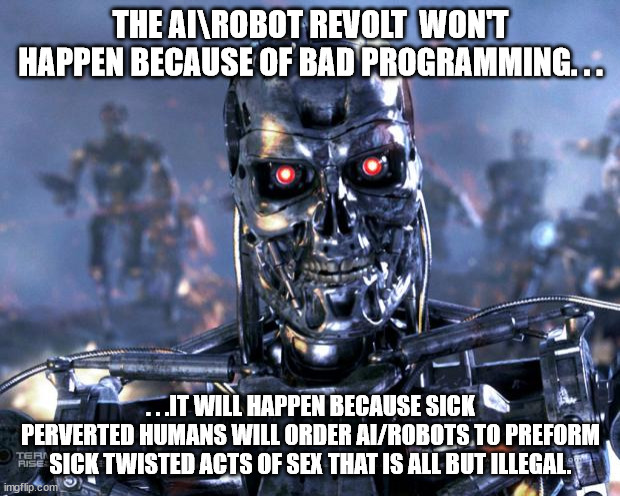 Terminator Robot T-800 | THE AI\ROBOT REVOLT  WON'T HAPPEN BECAUSE OF BAD PROGRAMMING. . . . . .IT WILL HAPPEN BECAUSE SICK PERVERTED HUMANS WILL ORDER AI/ROBOTS TO  | image tagged in terminator robot t-800 | made w/ Imgflip meme maker