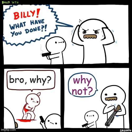 Why not? | bro, why? why not? | image tagged in billy what have you done,why not | made w/ Imgflip meme maker