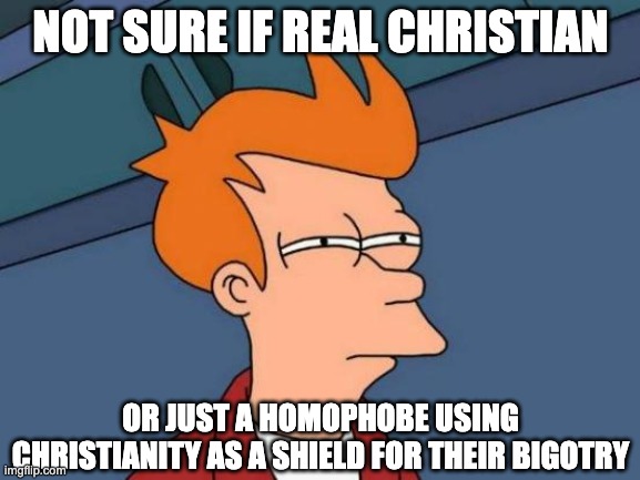 Christianity moment | NOT SURE IF REAL CHRISTIAN; OR JUST A HOMOPHOBE USING CHRISTIANITY AS A SHIELD FOR THEIR BIGOTRY | image tagged in memes,futurama fry,homophobic,christianity,christian,bigotry | made w/ Imgflip meme maker