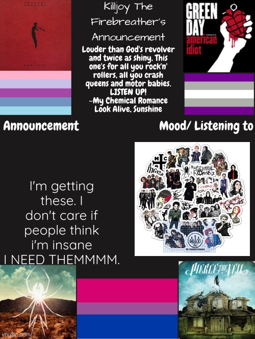 If you cant see it, they're 36 vinyl MCR stickers for laptops and stuff | I'm getting these. I don't care if people think i'm insane I NEED THEMMMM. | image tagged in mcr,my chemical romance | made w/ Imgflip meme maker