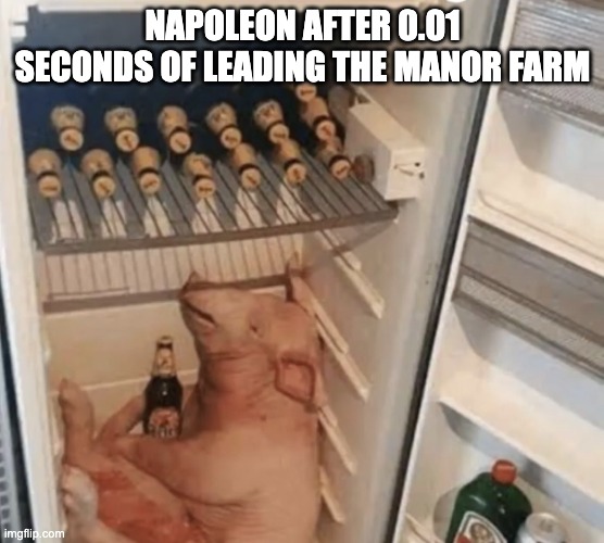 Animal Farm | NAPOLEON AFTER 0.01 SECONDS OF LEADING THE MANOR FARM | image tagged in pig in fridge,animal farm,pig,piggy,socialism,orwell | made w/ Imgflip meme maker