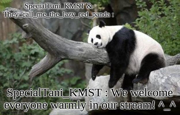 Everyone's welcome. | SpecialTani_KMST & They_call_me_the_lazy_red_panda :; SpecialTani_KMST : We welcome everyone warmly in our stream! ^_^ | image tagged in lazy panda,co-optoendzoophiles | made w/ Imgflip meme maker
