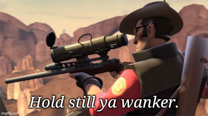 Team Fortress 2 Sniper | Hold still ya wanker. | image tagged in team fortress 2 sniper | made w/ Imgflip meme maker