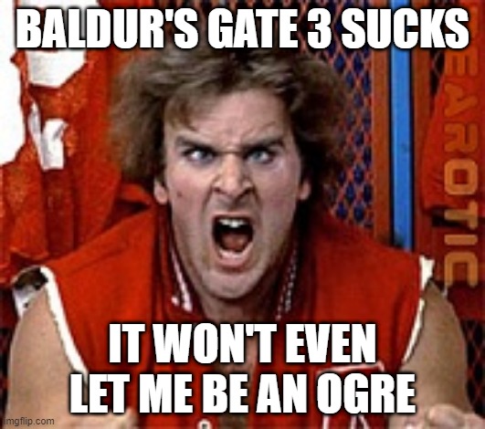 Ogre | BALDUR'S GATE 3 SUCKS; IT WON'T EVEN LET ME BE AN OGRE | image tagged in so true memes | made w/ Imgflip meme maker