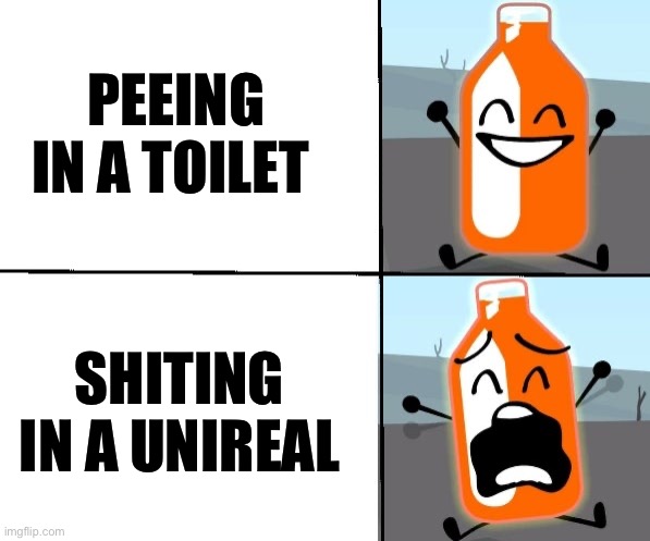 I mean peeing in a toilets is weird | PEEING IN A TOILET; SHITING IN A UNIREAL | image tagged in bottle screaming | made w/ Imgflip meme maker