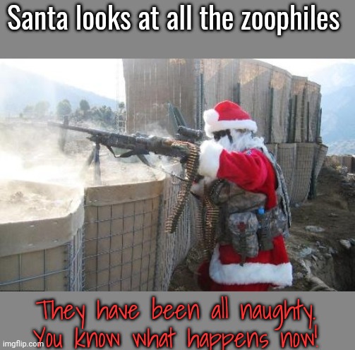 Fr santa | Santa looks at all the zoophiles; They have been all naughty. You know what happens now! | image tagged in memes,hohoho,guns,kill zoophiles | made w/ Imgflip meme maker