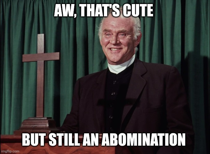 Reverend Alden | AW, THAT'S CUTE BUT STILL AN ABOMINATION | image tagged in reverend alden | made w/ Imgflip meme maker