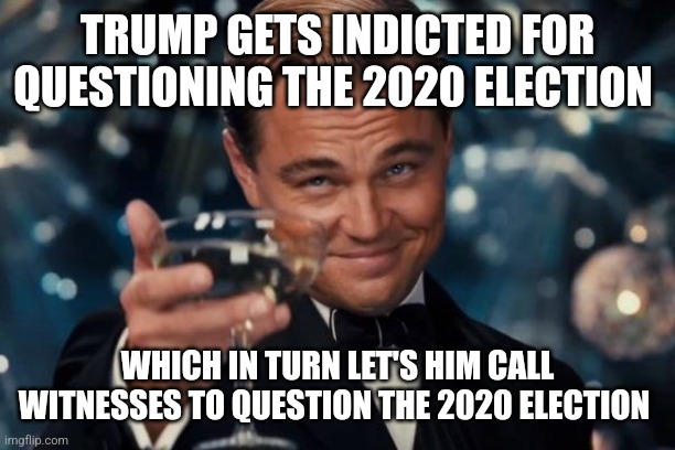 Leonardo Dicaprio Cheers | TRUMP GETS INDICTED FOR QUESTIONING THE 2020 ELECTION; WHICH IN TURN LET'S HIM CALL WITNESSES TO QUESTION THE 2020 ELECTION | image tagged in memes,leonardo dicaprio cheers | made w/ Imgflip meme maker