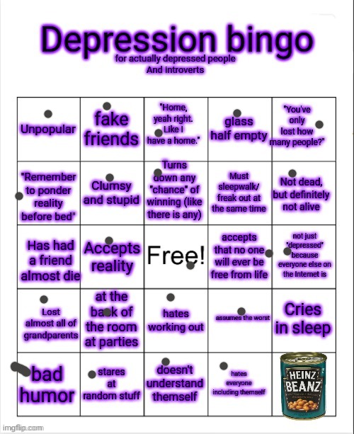 : / | image tagged in depressed and introvert bingo | made w/ Imgflip meme maker
