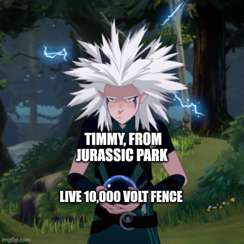 Timmy should've jumped when Alan told him to | TIMMY, FROM JURASSIC PARK; LIVE 10,000 VOLT FENCE | image tagged in zapped rayla,jurassic park,jurassicparkfan102504,jpfan102504 | made w/ Imgflip meme maker
