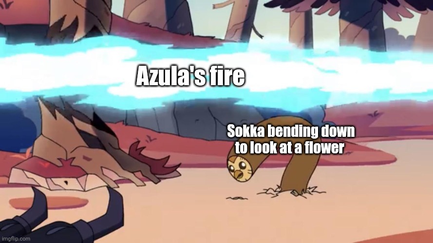 I can definitely imagine a pretty flower saving sokka from being barbecued by azula | Azula's fire; Sokka bending down to look at a flower | image tagged in dodging hooty the owl house | made w/ Imgflip meme maker