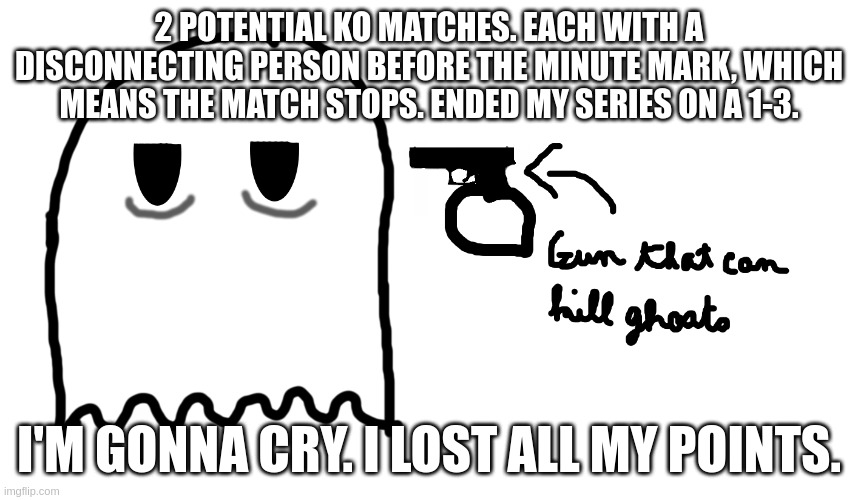 I hate this game... | 2 POTENTIAL KO MATCHES. EACH WITH A DISCONNECTING PERSON BEFORE THE MINUTE MARK, WHICH MEANS THE MATCH STOPS. ENDED MY SERIES ON A 1-3. I'M GONNA CRY. I LOST ALL MY POINTS. | image tagged in ghost suicide | made w/ Imgflip meme maker