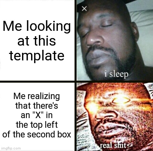 Just me? | Me looking at this template; Me realizing that there's an "X" in the top left of the second box | image tagged in memes,sleeping shaq,funny | made w/ Imgflip meme maker