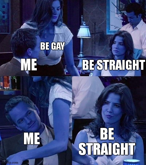 bro this is distracted boyfriend 2.0 !!! | BE GAY; BE STRAIGHT; ME; BE STRAIGHT; ME | image tagged in how i met your mother,gay,distracted boyfriend,straight,meme | made w/ Imgflip meme maker