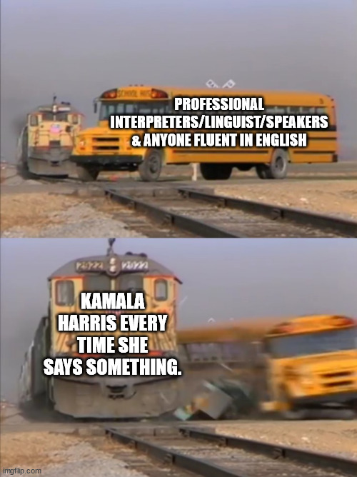 And Joe Biden isn't any better. | PROFESSIONAL INTERPRETERS/LINGUIST/SPEAKERS & ANYONE FLUENT IN ENGLISH; KAMALA HARRIS EVERY TIME SHE SAYS SOMETHING. | image tagged in train crashes bus,stupid liberals | made w/ Imgflip meme maker