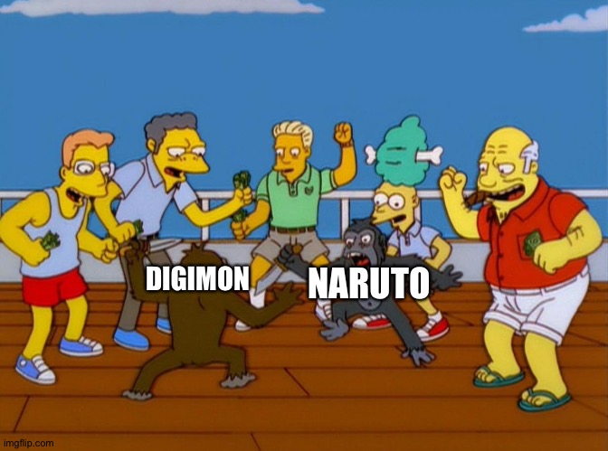 Mons vs Ninjas 2 | DIGIMON; NARUTO | image tagged in simpsons monkey fight | made w/ Imgflip meme maker