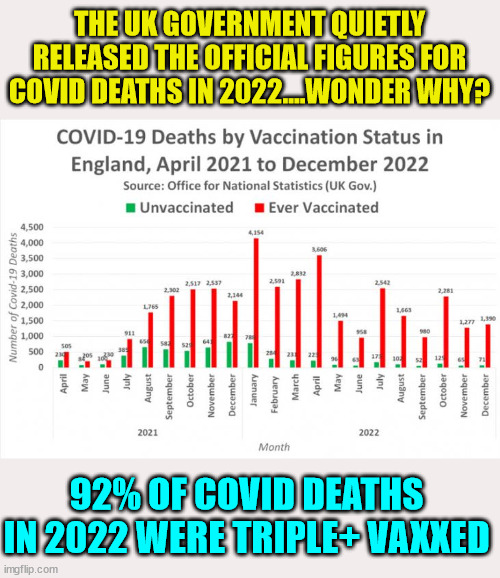 Covid vaccine truth... | THE UK GOVERNMENT QUIETLY RELEASED THE OFFICIAL FIGURES FOR COVID DEATHS IN 2022....WONDER WHY? 92% OF COVID DEATHS IN 2022 WERE TRIPLE+ VAXXED | image tagged in covid vaccine,truth | made w/ Imgflip meme maker