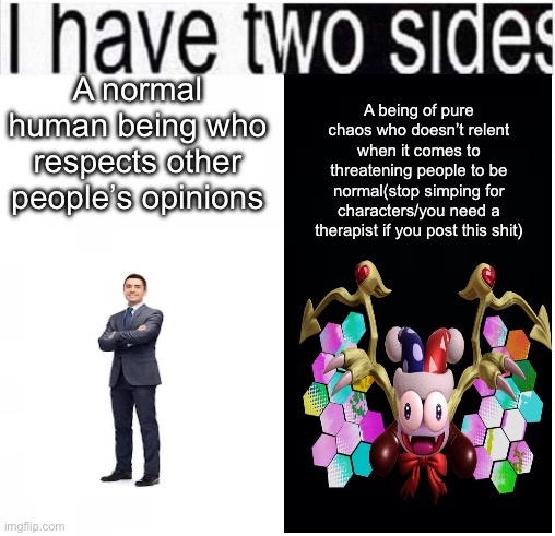 i have two sides | A being of pure chaos who doesn’t relent when it comes to threatening people to be normal(stop simping for characters/you need a therapist if you post this shit); A normal human being who respects other people’s opinions | image tagged in i have two sides | made w/ Imgflip meme maker