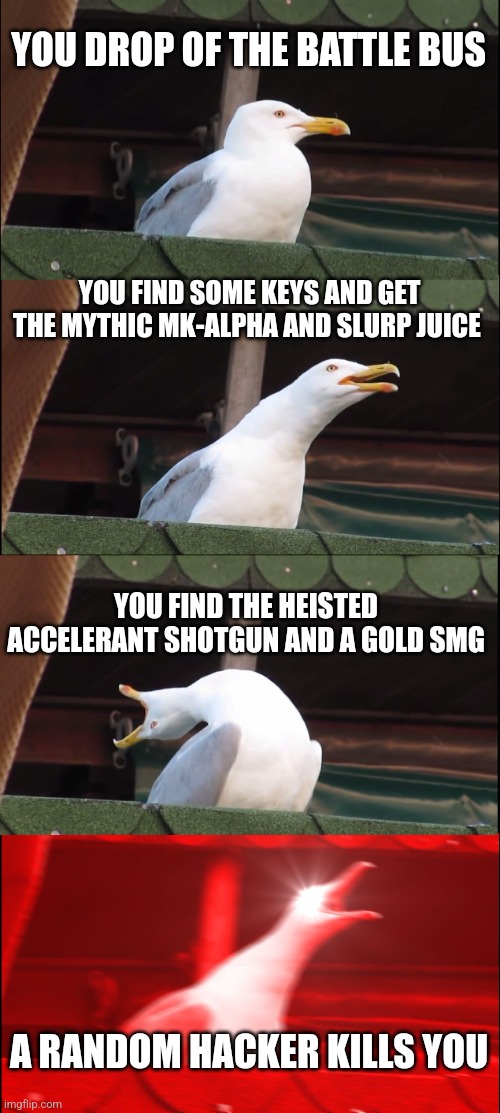 Fortnite games be like | YOU DROP OF THE BATTLE BUS; YOU FIND SOME KEYS AND GET THE MYTHIC MK-ALPHA AND SLURP JUICE; YOU FIND THE HEISTED ACCELERANT SHOTGUN AND A GOLD SMG; A RANDOM HACKER KILLS YOU | image tagged in memes,inhaling seagull,fortnite | made w/ Imgflip meme maker