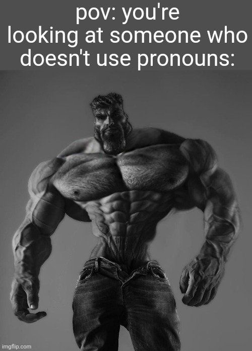 dont start with the EvErYBodY UsES them bs cause u know what i mean | pov: you're looking at someone who doesn't use pronouns: | image tagged in gigachad | made w/ Imgflip meme maker